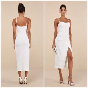 Lulus Large Always Turning Heads White Bustier Tulip Midi Dress NWOT *FLAWED*